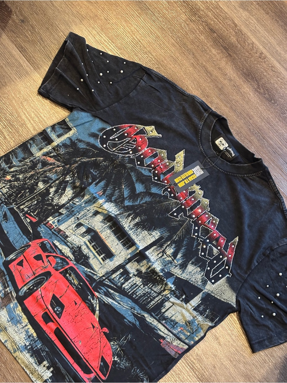 Men's Black Graphic Tee with Red Car and Stud Detailing